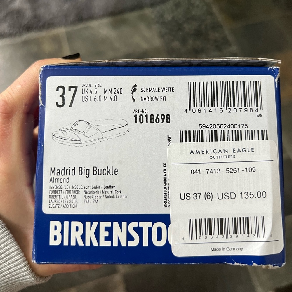 Brand new in box Birkenstock Madrid big tortoise buckle almond size 37